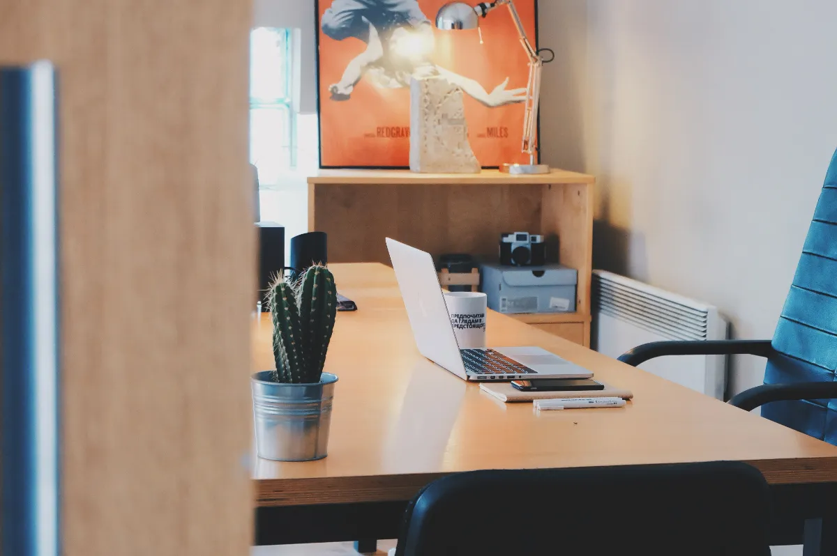 An open laptop on a long wooden desk beside a cactus in a bright, quiet office